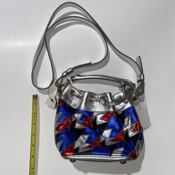 SAINT LAURENT BUCKET BAG PURSE New YSL Yves SILVER RED BLUE LEATHER CROSSBODY - Picture 2 of 11